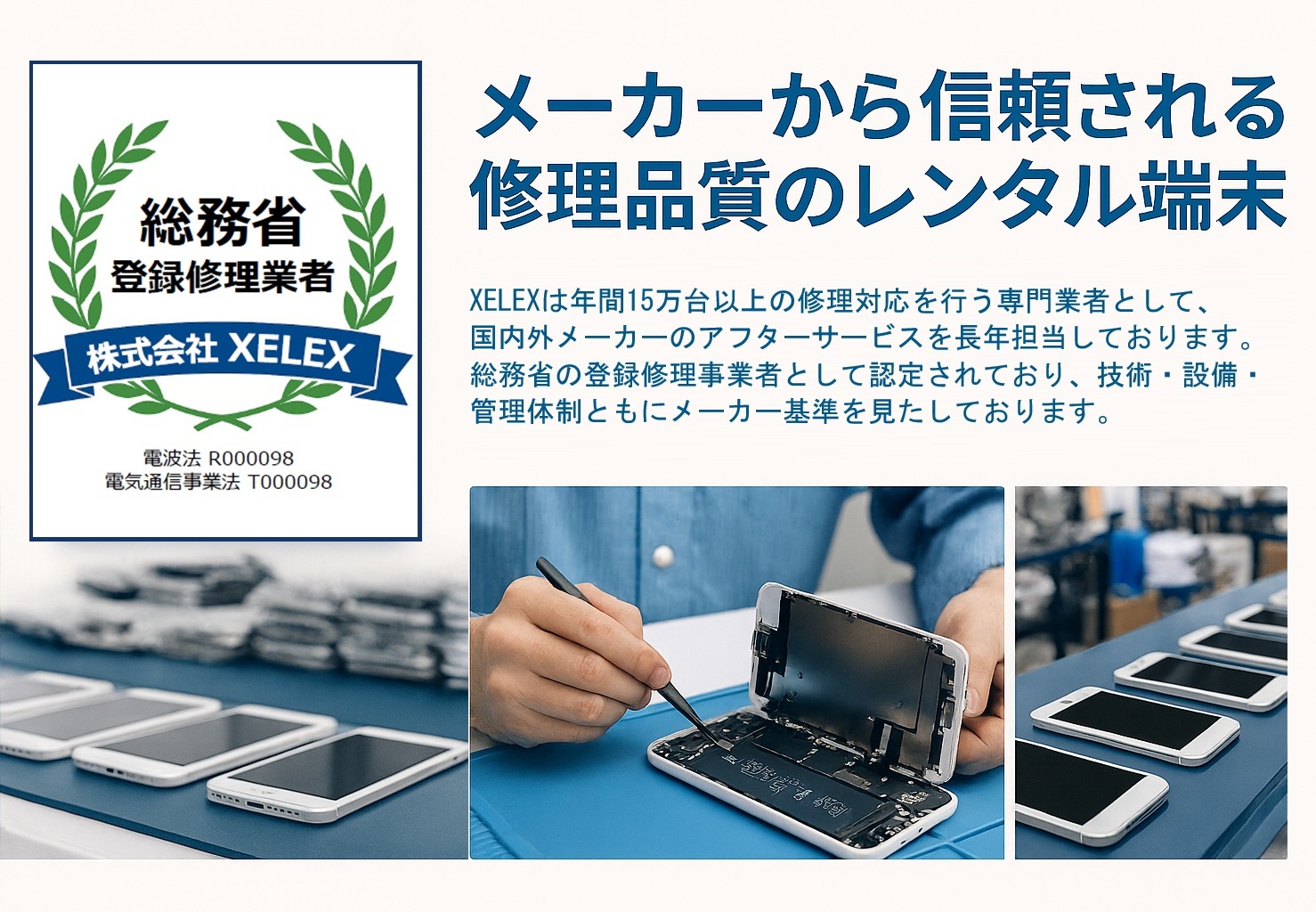 技術者の手元によるiPhone内部の点検と整然と並ぶホワイト端末の写真