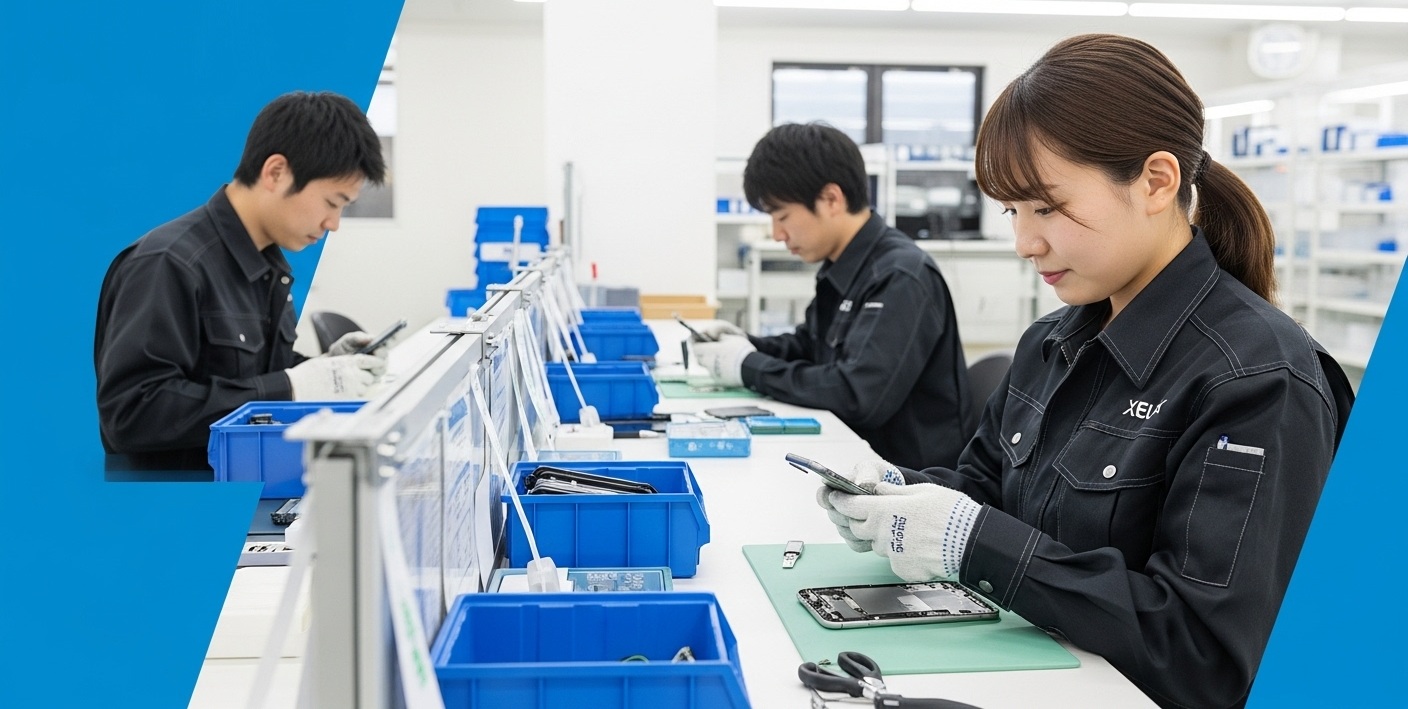 製造ライン風の修理現場と白いiPhoneが並ぶ様子